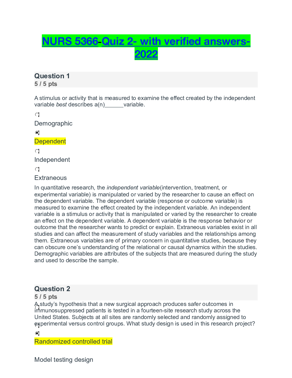 Preview of NURS 5366- Quiz 2 -with verified answers-2022